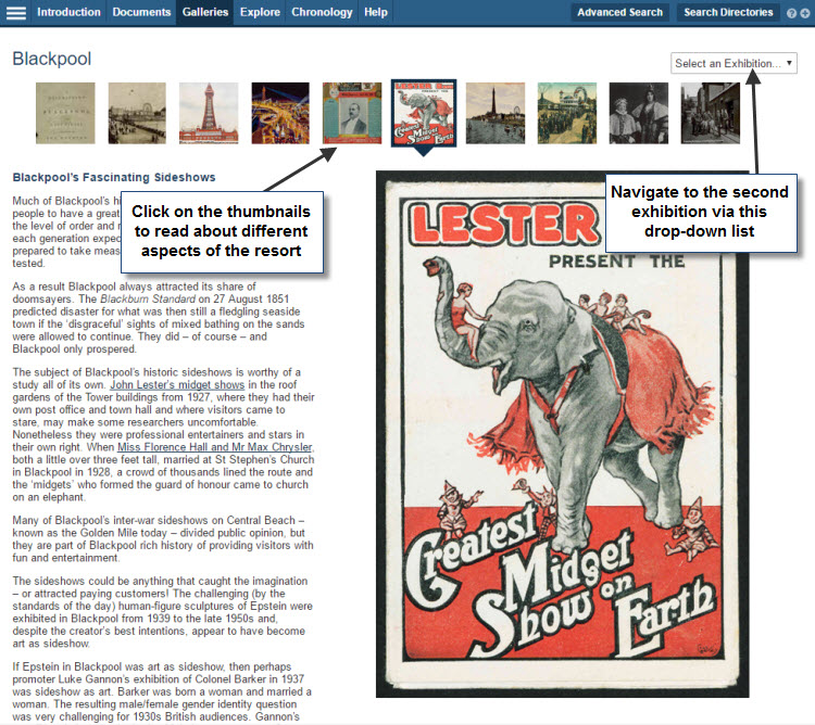 Screenshot of a page within the 'Online Exhibition'. To navigate the pages of the exhibition users must click on the small thumbnails along the top of the page. Users can also use the dropdown list in the top right-hand corner to navigate between the exhibition pieces for Blackpool and Coney Island.